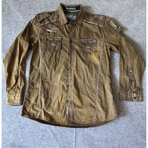 Roar Mens Western Button Up Shirt Large Distressed Brown Tan Embroidered Y2K